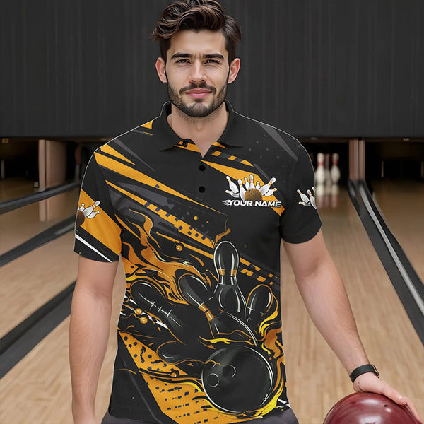 Maxcorners Custom Black And Gold Flame Men Bowling Polo Shirts, Fire Bowling Ball Bowling Team Shirt