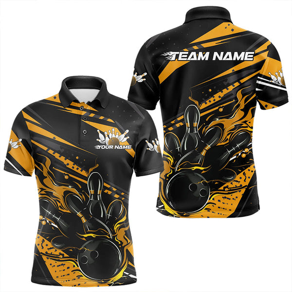 Maxcorners Custom Black And Gold Flame Men Bowling Polo Shirts, Fire Bowling Ball Bowling Team Shirt