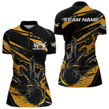 Maxcorners Custom Black And Gold Flame Men Bowling Polo Shirts, Fire Bowling Ball Bowling Team Shirt