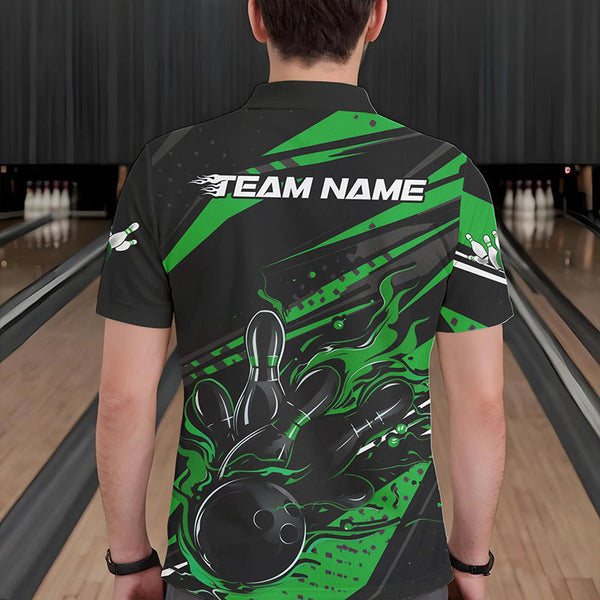 Maxcorners Custom Black And Green Flame Men Bowling Polo Shirts, Fire Bowling Ball Bowling Team Shirt