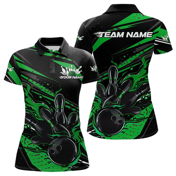 Maxcorners Custom Black And Green Flame Men Bowling Polo Shirts, Fire Bowling Ball Bowling Team Shirt