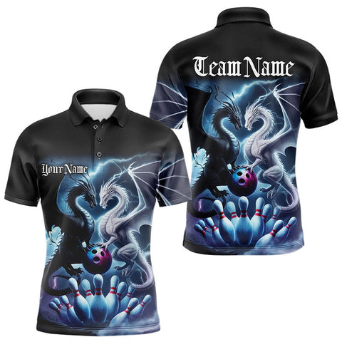 Maxcorners Custom Blue Lightning Black And White Dragons Bowling Polo Shirts For Men Bowlers Outfit LM233