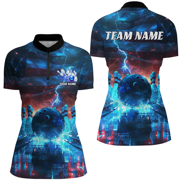 Maxcorners Blue Lightning Patriotic American Flag Custom Bowling Team Shirts For Men