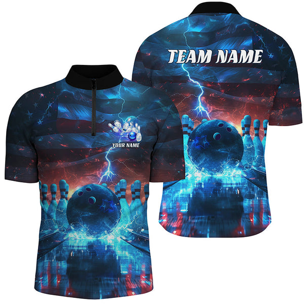 Maxcorners Blue Lightning Patriotic American Flag Custom Bowling Team Shirts For Men