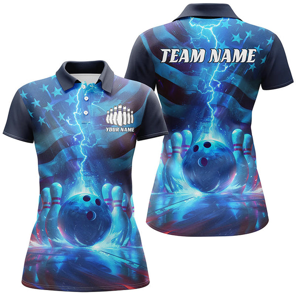 Maxcorners Custom American Flag Bowling Team Jerseys, Patriotic Blue Lightning Bowling Tournament Shirts