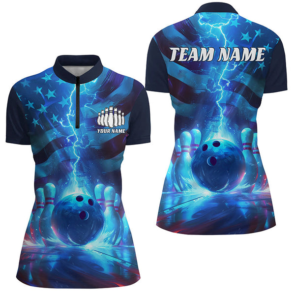 Maxcorners Custom American Flag Bowling Team Jerseys, Patriotic Blue Lightning Bowling Tournament Shirts