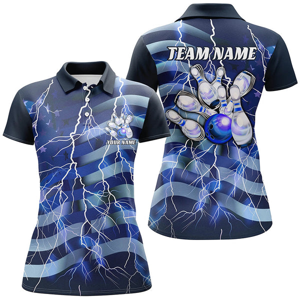 Maxcorners Blue Lightning American Flag Custom Men And Women Bowling Team Shirts Patriotic Bowling Jerseys