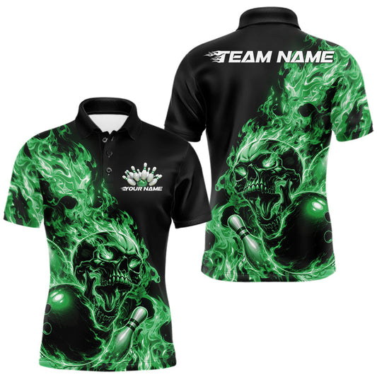 Maxcorners Custom Multi Color Fire Flame Skull Bowling Shirts For Men, Women And Kid, Halloween Bowling Jersey | Green LM2405