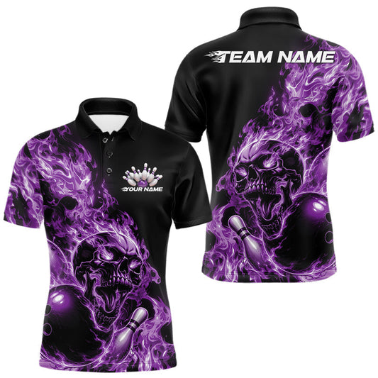 Maxcorners Custom Multi Color Fire Flame Skull Bowling Shirts For Men, Women And Kid, Halloween Bowling Jersey | Purple LM2405