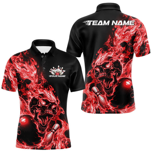 Maxcorners Custom Multi Color Fire Flame Skull Bowling Shirts For Men, Women And Kid, Halloween Bowling Jersey | Red LM2405