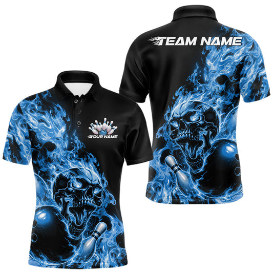 Maxcorners Custom Multi Color Fire Flame Skull Bowling Shirts For Men, Women And Kid, Halloween Bowling Jersey | Blue LM2405