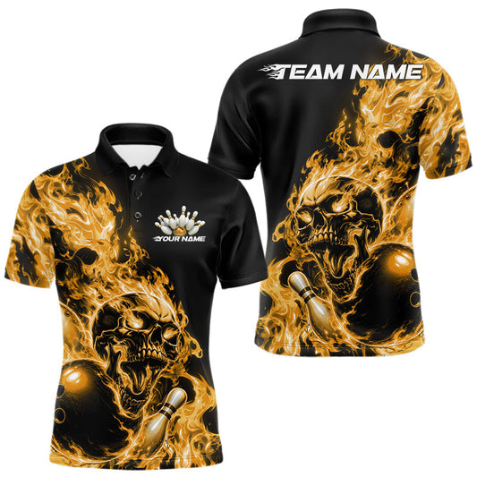 Maxcorners Custom Multi Color Fire Flame Skull Bowling Shirts For Men, Women And Kid, Halloween Bowling Jersey | Yellow LM2405