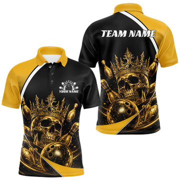 Maxcorners Custom Golden Skull Bowling King Men Polo Shirt, Halloween Bowling Jersey