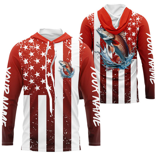 Maxcorners Custom Redfish Long Sleeve Tournament Fishing Shirts, Grunge American Flag Patriotic Fishing Shirts LM0501