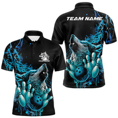 Maxcorners Custom Blue Wolf Howling Men Polo Shirt, Wolf Bowling Team Jerseys TU2511