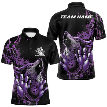 Maxcorners Custom Purple Wolf Howling Men Polo Shirt, Wolf Bowling Team Jerseys