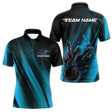 Maxcorners Custom Black And Blue Gradient Flame Bowling Team Jerseys, Fire Bowling Shirt For Men