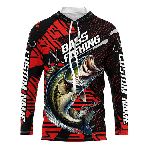 Maxcorners Black And Red Custom Bass Fishing Jerseys, Largemouth Bass Long Sleeve Tournament Fishing Shirts LM0201