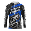 Maxcorners Black And Blue Camo Bass Long Sleeve Tournament Fishing Shirts, Custom Bass Fishing Jerseys LM0201