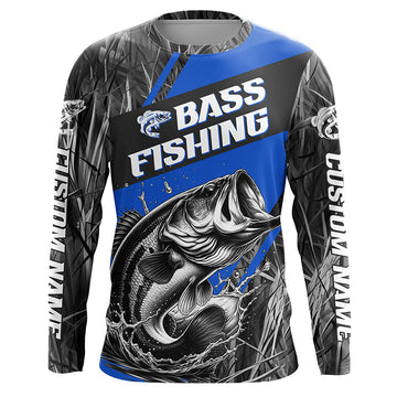 Maxcorners Black And Blue Camo Bass Long Sleeve Tournament Fishing Shirts, Custom Bass Fishing Jerseys LM0201