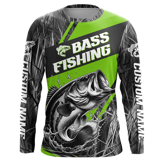 Maxcorners Black And Green Camo Bass Long Sleeve Tournament Fishing Shirts, Custom Bass Fishing Jerseys LM0201