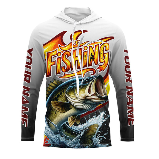 Maxcorners Custom Largemouth Bass Flame Fishing Shirts, Bass Long Sleeve Fishing Jerseys Fishing Gifts LM0201