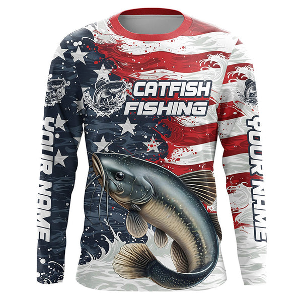 Maxcorners Catfish Fishing Long Sleeve Fishing Shirts, American Flag Patriotic Catfish Fishing Shirt MT2108