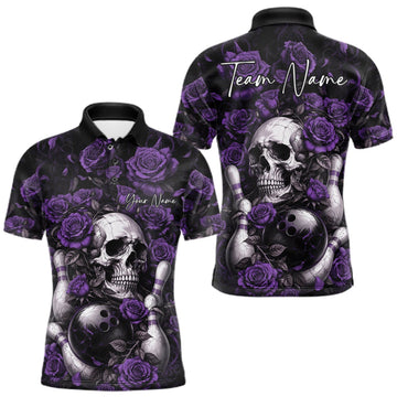 Maxcorners Custom Purple Roses And Skull Halloween Bowling Team Men Polo Shirt, Bowler Outfit LM0409