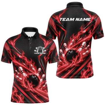 Maxcorners Black And Red Flame Custom Bowling Team Men Polo Shirt, Matching Bowling Jersey LM2709