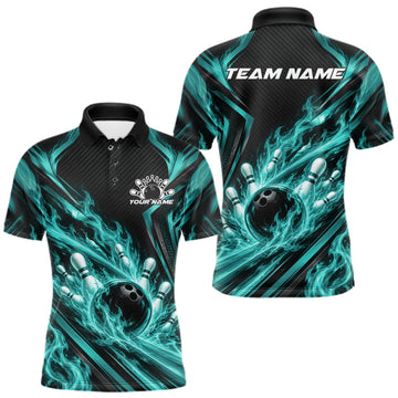 Maxcorners Turquoise Blue Flame Custom Bowling Team Men Polo Shirt, Matching Bowling Jersey LM2709
