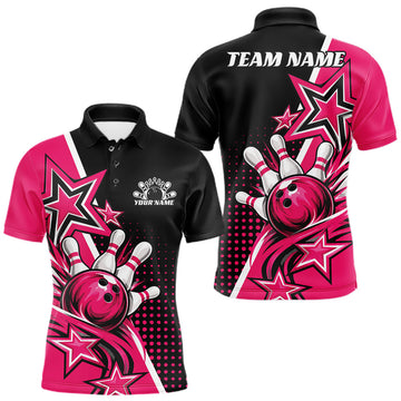 Maxcorners Custom Black And Pink Star Bowling Jersey, Bowling League Team Men Polo Shirt