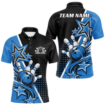 Maxcorners Custom Black And Blue Star Bowling Jersey, Bowling League Team Men Polo Shirt