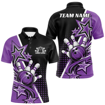 Maxcorners Custom Black And Purple Star Bowling Jersey, Bowling League Team Men Polo Shirt