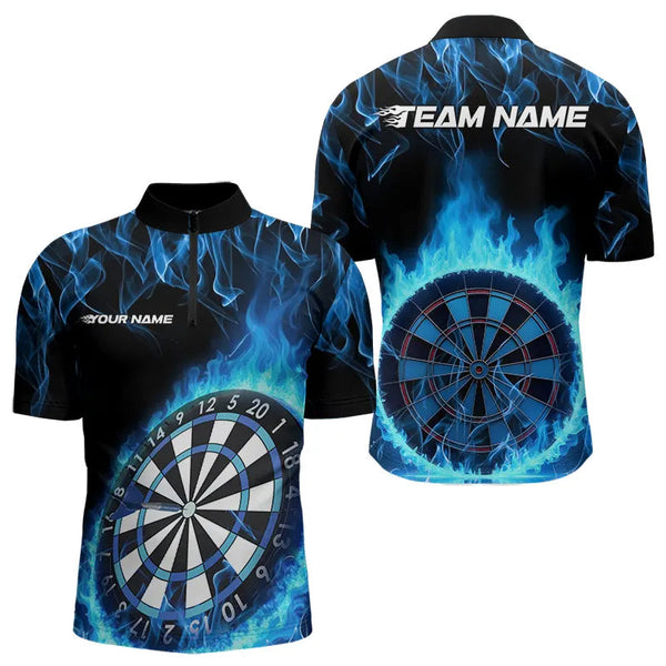 Maxcorners Custom Black And Blue Fire Flame Dartboard Dart Polo Shirts For Men, Dart Tournament Shirt