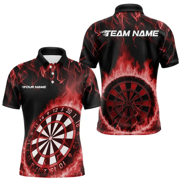 Maxcorners Custom Black And Red Fire Flame Dartboard Dart Polo Shirts For Men, Dart Tournament Shirt