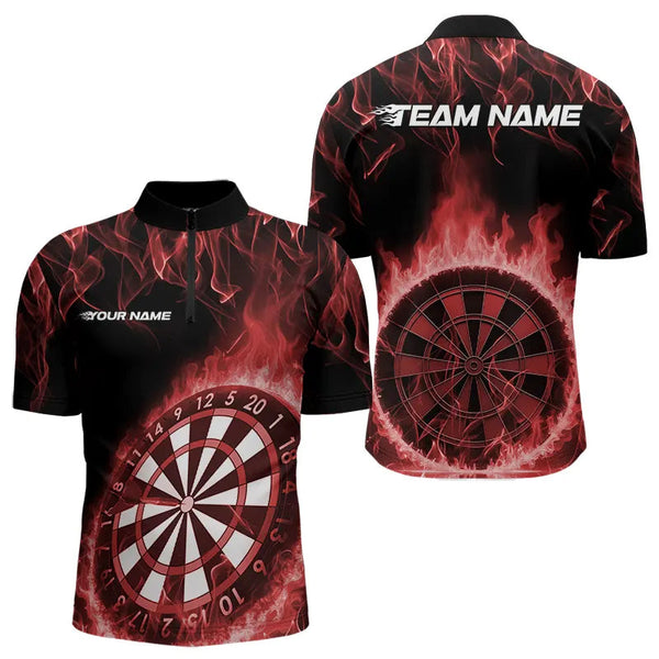 Maxcorners Custom Black And Red Fire Flame Dartboard Dart Polo Shirts For Men, Dart Tournament Shirt