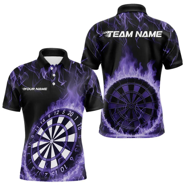 Maxcorners Custom Black And Purple Fire Flame Dartboard Dart Polo Shirts For Men, Dart Tournament Shirt