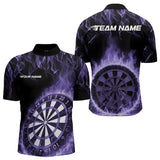 Maxcorners Custom Black And Purple Fire Flame Dartboard Dart Polo Shirts For Men, Dart Tournament Shirt