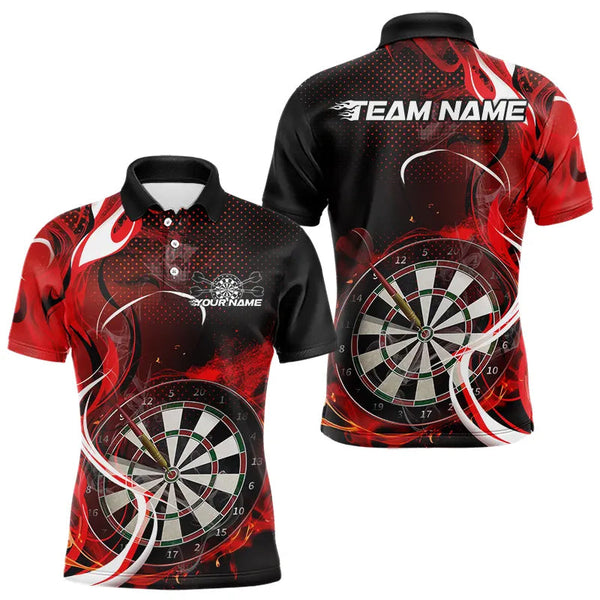 Maxcorners Custom Black And Red Flame Dart Team Polo Shirts For Men, Dart Tournament Shirts