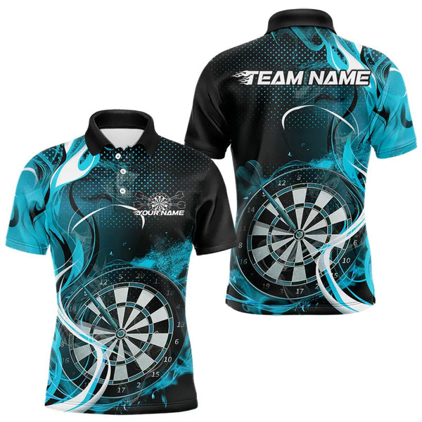 Maxcorners Custom Black And Blue Flame Dart Team Polo Shirts For Men, Dart Tournament Shirts