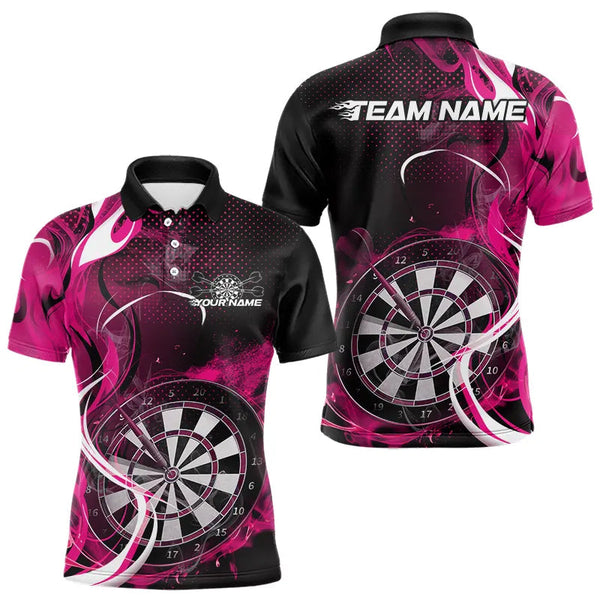 Maxcorners Custom Black And Pink Flame Dart Team Polo Shirts For Men, Dart Tournament Shirts