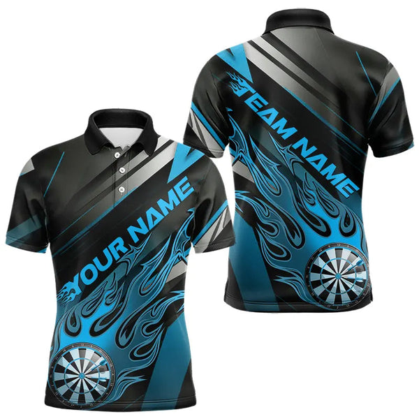 Maxcorners Custom Black And Blue Flame Dartboard Dart Team Polo Shirts For Men, Fire Dart Jerseys