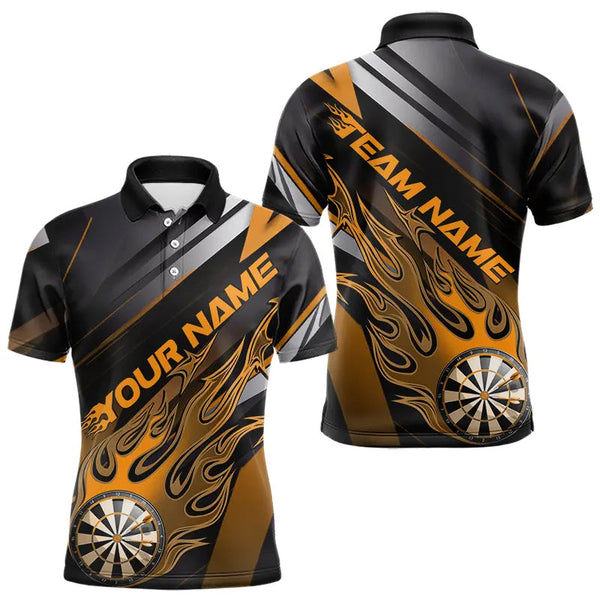 Maxcorners Custom Black And Yellow Flame Dartboard Dart Team Polo Shirts For Men, Fire Dart Jerseys