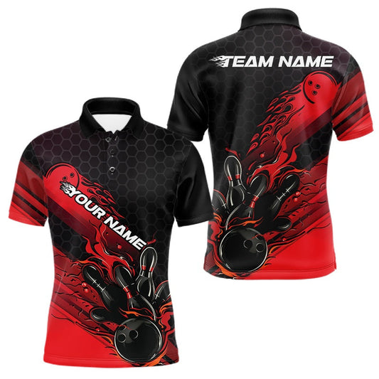 Maxcorners Custom Black And Red Flame Bowling Team Shirts, Bowling League Shirt Men Bowling Jersey