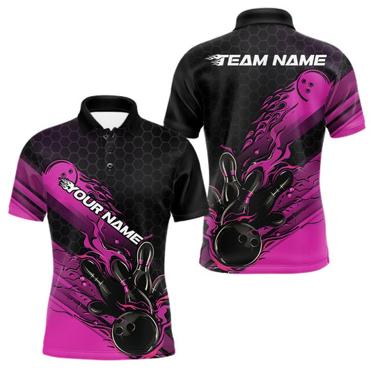 Maxcorners Custom Black And Pink Flame Bowling Team Shirts, Bowling League Shirt Men Bowling Jersey