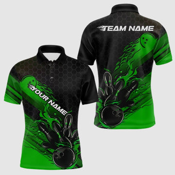 Maxcorners Custom Black And Green Flame Bowling Team Shirts, Bowling League Shirt Men Bowling Jersey