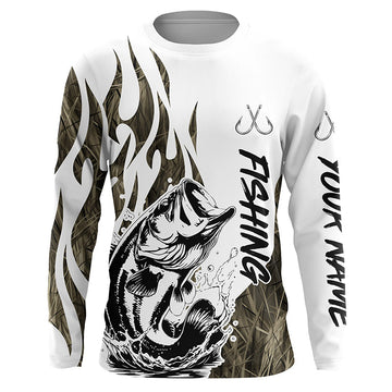 Maxcorners Bass Fishing Camo Tattoo Custom Long Sleeve Fishing Shirts, Bass Tournament Fishing Shirt LM0201