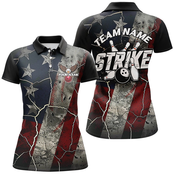 Maxcorners Grunge American Flag Patriotic Strike Custom Bowling Team Shirts For Men, Eagle Bowling