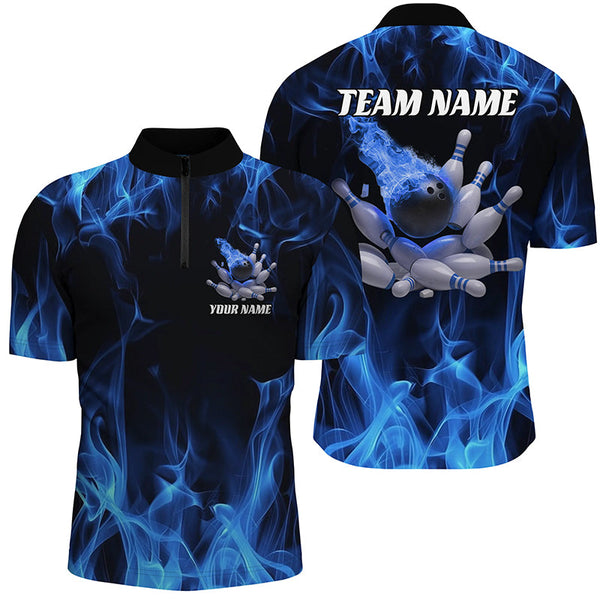 Maxcorners Blue Fire Bowling Ball And Pins Custom Shirts For Men, Flame Bowling Team Jerseys