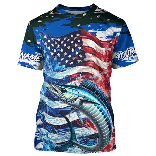 Maxcorners Wahoo Fishing Custom Long Sleeve Performance Shirts, American Flag Patriotic Wahoo Fishing Shirt MT2108